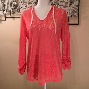FINAL MARKDOWN BEFORE DONATING!  Coral Crochet/Lace Hoodie.  Size XL